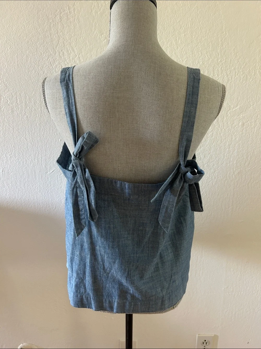 J. Crew Blue Cotton Chambray Embellished Tank with Tie Straps Size 10